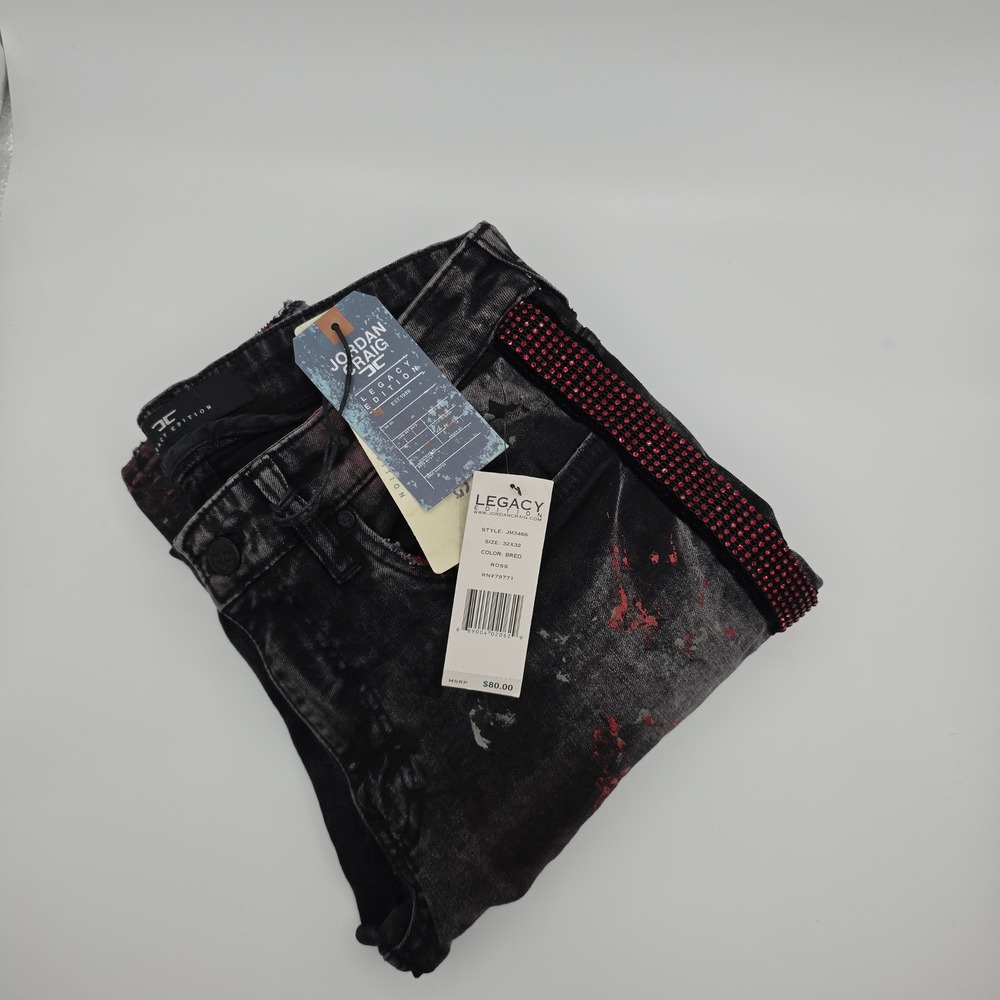 Jordan Craig Ross Jeans Mens 32x32 Black New Distressed Paint Rhinestone Trim